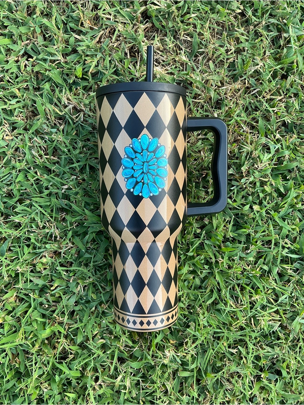 Myra Bag Black & Gold Diamond Travel Tumbler with Turquoise Floral Accent